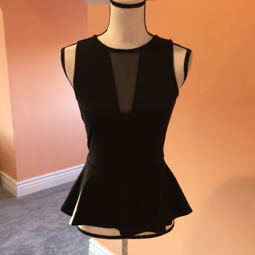 Black Mesh-Panel Peplum Tank Top